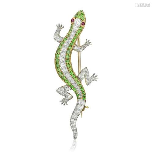 Antique Demantoid and Diamond Lizard Pin