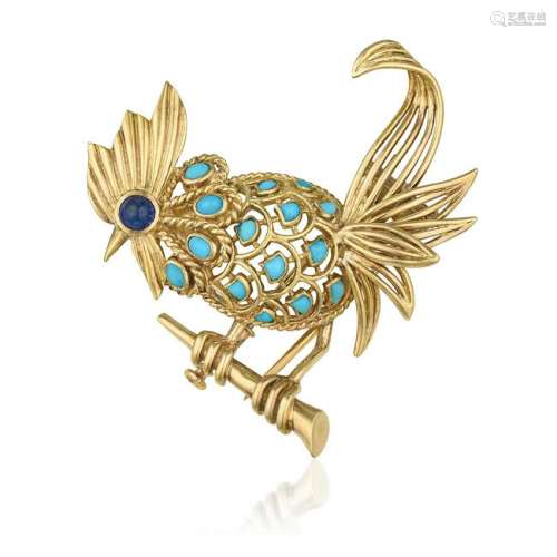 Boucheron Turquoise and Sapphire Rooster Pin