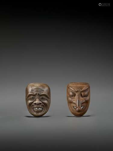 TWO POTTERY MASK NETSUKE