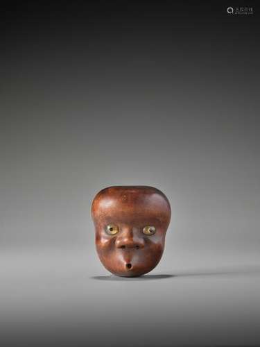 RANTEI: A RARE WOOD MASK NETSUKE OF USOFUKI