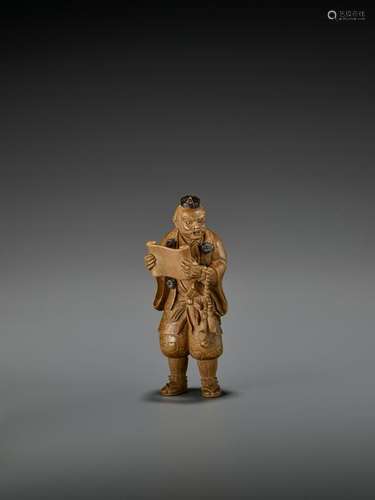 AKIHIDE: A TALL WOOD NETSUKE OF KANJINCHO