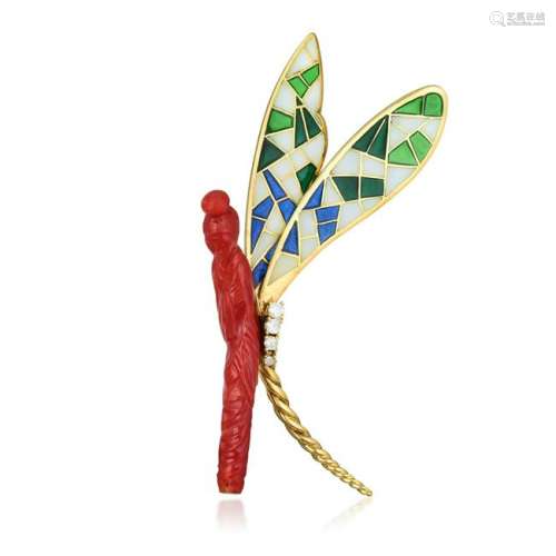 A Coral Fairy with Plique-A-Jour Wings Brooch