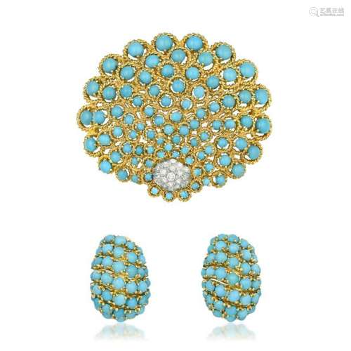 A Fine Turquoise and Diamond Pin and Earrings Set,