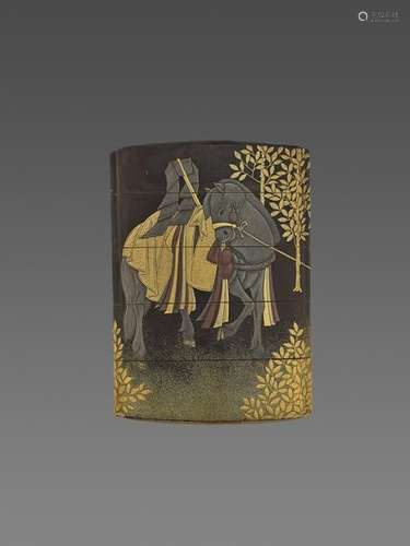 A LACQUERED FOUR-CASE INRO WITH IMPERIAL HORSE