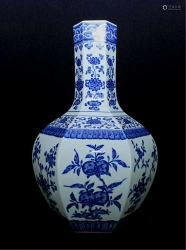 Large Hexagon Qing Porcelain Blue&White Vase