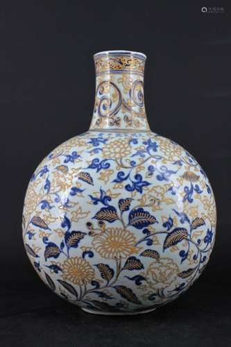 Chinese Ming Porcelain Blue&White Gold Gilt Flask