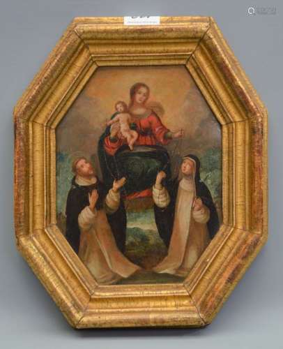 Petit tableau religieux de forme octogonale. HSC. …