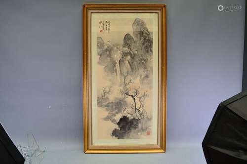 Grand dessin chinois à l'encre et à décors de pays…