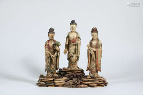 寿山石雕西方三圣组像