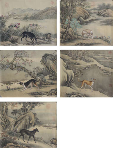 A CHINESE HAND-DRAWN PAINTING PAGES OF ROYAL HOUND  PAGES X 5 SIGNED  獵犬冊頁x5