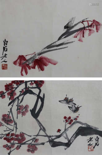 A CHINESE HAND-DRAWN PAINTING PAGES OF FLOWERS AND INSECTS PAGES X 2 SIGNED BY 齊白石（1864 - 1957） 蟲草冊頁x2