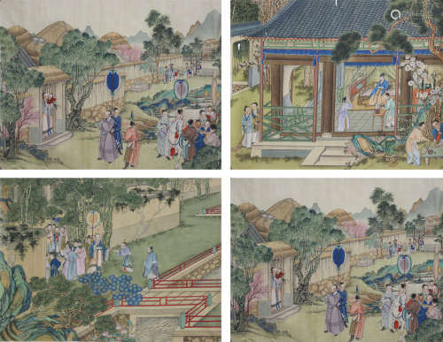A CHINESE HAND-DRAWN PAINTING  OF CHINESE CHARATER STORIES BOOK PAGES X 4 中國人物故事 冊頁x4