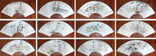 A CHINESE HAND-DRAWN PAINTING 12 FANS OF CHINESE TWELEVE HAIRPIN SIGNED BY 鄭濟炎（1944 -   ） 金陵十二釵 扇面 x 12