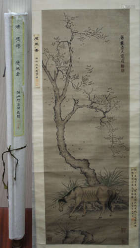 A CHINESE HAND-DRAWN PAINTING SCROLL OF HORSE IN AUTUMN WIND SIGNED BY 張穆   清（1805－1849）秋風瘦馬
