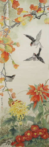 A CHINESE HAND-DRAWN PAINTING SCROLL OF MAPLE CHRYSANTHEMUM LARIN SIGNED BY 田世光 ( 1916- 1999  ) 楓菊百靈  镜片