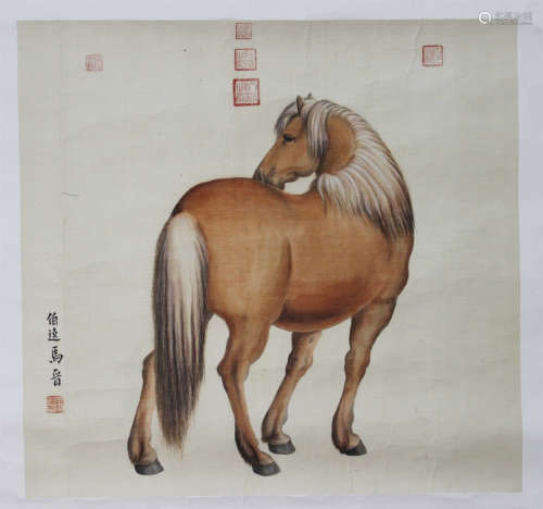 A CHINESE HAND-DRAWN PAINTING SCROLL OF ROYAL STEED OF THE QING DYNASTY SIGNED BY 馬晉 ( 1900 - 1970 )  清代皇家駿馬
