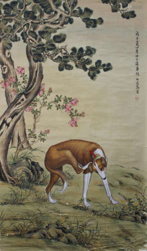 A CHINESE HAND-DRAWN PAINTING SCROLL OF ROYAL HOUND OF THE QING DYNASTY SIGNED BY 馬晉 ( 1900 - 1970 )  清代皇家獵犬