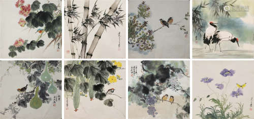 A CHINESE HAND-DRAWN PAINTING PAGES OF FLOWERS AND BIRDS PAGES X 8 SIGNED BY 陳隆源  花鳥冊頁x8