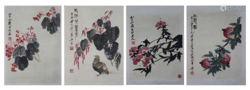 A CHINESE HAND-DRAWN PAINTING PAGES OF FLOWERS AND BIRDS PAGES X 4 SIGNED BY 齊白石（1864 - 1957） 花鳥冊頁x4