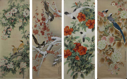 A CHINESE HAND-DRAWN PAINTING CALLIGRAPHY FOUR SCREEN: FLOWERS AND BIRDS SIGNED BY 俞致貞 ( 1915-1995 )   花鳥四條屏