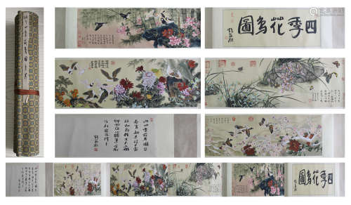A CHINESE HAND-DRAWN PAINTING HAND ROLL OF FOUR SEASONS FLOWERS AND BIRDS  SIGNED BY UNKNOWN  四季花鳥手卷