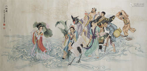 A CHINESE HAND-DRAWN PAINTING SCROLL OF EIGHT IMMORTALS CROSSING THE SEA SIGNED BY 劉淩滄（1908-1989）  八仙過海