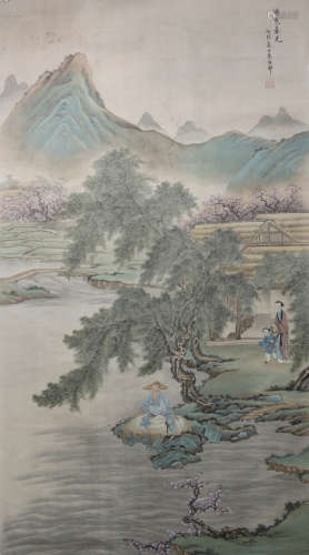 A CHINESE HAND-DRAWN PAINTING SCROLL OF AUTUMN ROMANZA SIGNED BY 朱梅邨 ( 1911- 1993  )  湖光春色