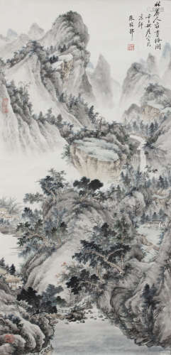 A CHINESE HAND-DRAWN PAINTING SCROLL OF LANDSCAPE SIGNED BY 朱梅邨 ( 1911- 1993  )  林麓人家畫掩闕