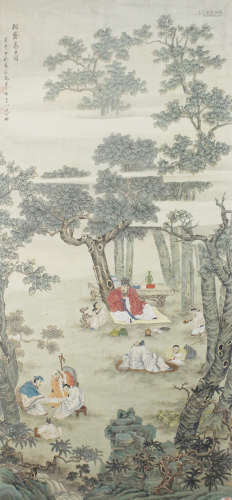 A CHINESE HAND-DRAWN PAINTING SCROLL OF MASTER UNDER THE FICUS TREE SIGNED BY 慕淩飛  ( 1913- 1997  )   桐蔭高士