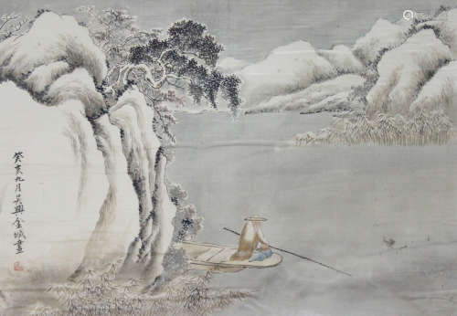 A CHINESE HAND-DRAWN PAINTING SCROLL OF FISHING IN THE SNOW SIGNED BY 金城 ( 1878- 1926  )  寒江垂釣