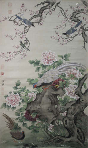 A CHINESE HAND-DRAWN PAINTING SCROLL OF RICHNESS AND WEALTH SIGNED BY 傅佐  ( 1918- 2001  )  錦繡富貴