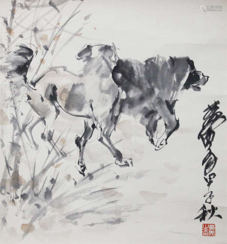 A CHINESE HAND-DRAWN PAINTING SCROLL OF TWO PUPPIES SIGNED BY 黃胄  ( 1925- 1997  )  瑞犬