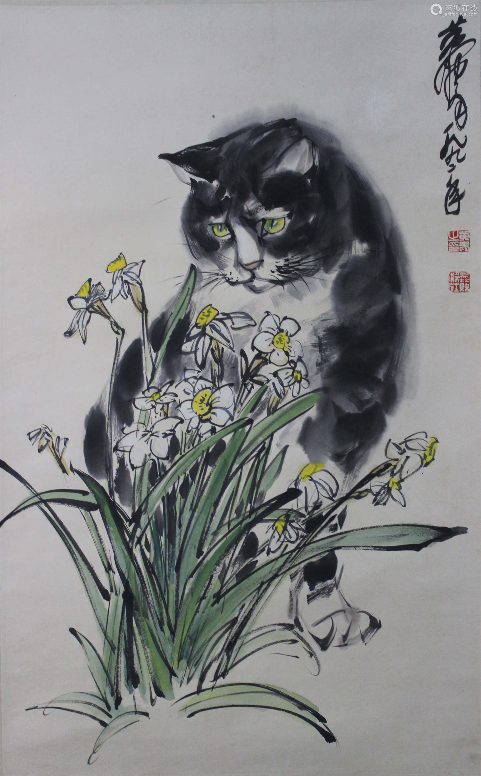 A Chinese Hand Drawn Painting Scroll Of Black Cat Narcissus Signed By 黃胄 1925 1997 黑貓水仙 Deal Price Picture
