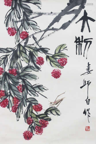 A CHINESE HAND-DRAWN PAINTING SCROLL OF INSECT LITCHI SIGNED BY 婁師白 ( 1918- 2010  ) 昆蟲荔枝