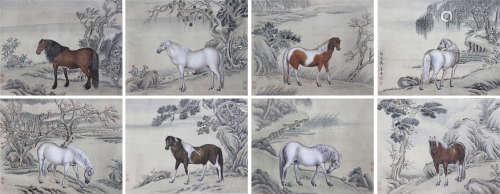 A CHINESE HAND-DRAWN PAINTING PAGES OF PALACE ROYAL HORSE OF QING DYNASTY BOOK PAGE X 8 SIGNED BY 馬晉 ( 1900- 1970  ) 駿馬冊頁