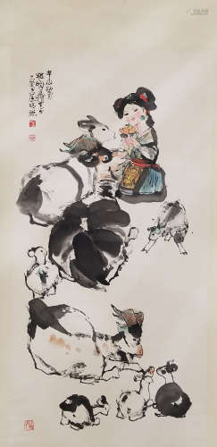 A CHINESE HAND-DRAWN PAINTING SCROLL OF GIRLS AND GOATS SIGNED BY 程十發 ( 1921- 2007  )  少女和羊  附出版 WITH PUBLISHCATION