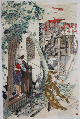 A CHINESE HAND-DRAWN PAINTING SCROLL OF CHINESE CLASSICAL STORIES SIGNED BY  胡也佛 ( 1908- 1980  ) 金瓶梅