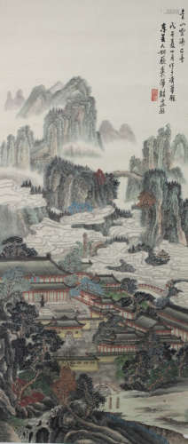 A CHINESE HAND-DRAWN PAINTING SCROLL OF LANDSCAPE SIGNED BY 裘夢麒 ( 1937 -     ) 雲海古寺