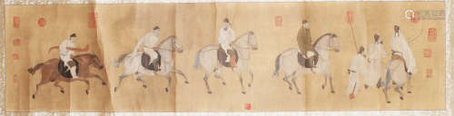 A CHINESE HAND-DRAWN PAINTING SCROLL OF RIDING CHART SIGNED BY UNKNOW 遊騎圖