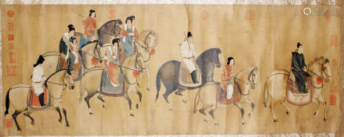 A CHINESE HAND-DRAWN PAINTING SCROLL OF SPRING OUTING OF MRS. FU GUO SIGNED BY UNKNOW 虢國夫人遊春圖