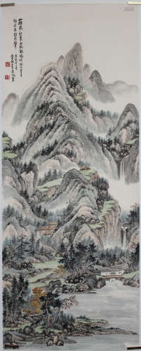 A CHINESE HAND-DRAWN PAINTING SCROLL OF LANDSCAPE SIGNED BY 吴徵 ( 1878- 1949  )  山水