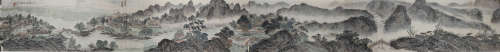 A CHINESE HAND-DRAWN PAINTING HAND ROLL OF FANTASY PEACH BLOSSOM SOURCE SIGNED BY 錢沐之 ( 1940-    ) 青山隱隱桃花源手卷