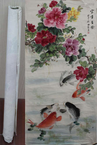 A CHINESE HAND-DRAWN PAINTING OF CARP PEONY SIGNED BY 國蘇 鯉魚牡丹   鏡片