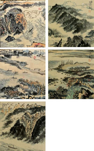 A CHINESE HAND-DRAWN PAINTING BOOK PAGES X 5 SIGNED BY 陸儼少 ( 1909- 1993 ) 山水册页x5