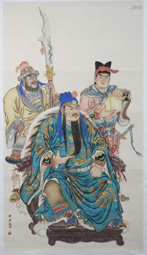 A CHINESE HAND-DRAWN PAINTING SCROLL OF GWAAN WAN CHEUNG, BLADESMAN SIGNED BY 張以忠 ( 1942-   ) 關雲長