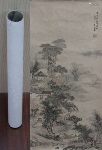 A CHINESE HAND-DRAWN PAINTING SCROLL OF LANDSCAPE SIGNED BY 朱梅邨 ( 1911- 1993  )  山水鏡片