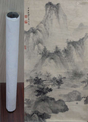 A CHINESE HAND-DRAWN PAINTING SCROLL OF LANDSCAPE SIGNED BY 鄭午昌 (1894—1952) 山水鏡片