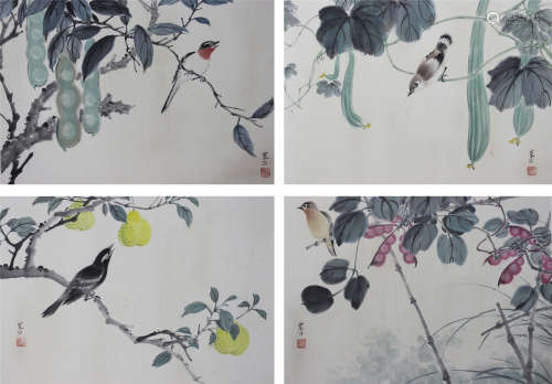 A CHINESE PAINTING,FLOWER AND BIRD BOOK PAGES X 4 ,SIGNED BY 江寒汀 ( 1903- 1963   ) 花鳥冊頁x4