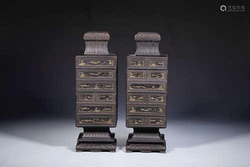 ZITAN WOOD WITH IVORY INLAID 'CONG' VASE IN PAIR