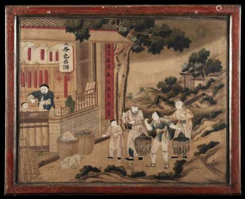 Four paintings, ink and colours on paper, depicting leasurely scenes, mounted on cloth, framed (